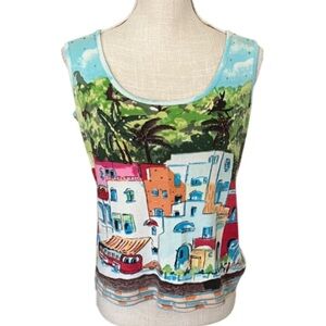 LIFE STYLE VINTAGE City Scape Beaded / Sequined Cotton Tank - Medium